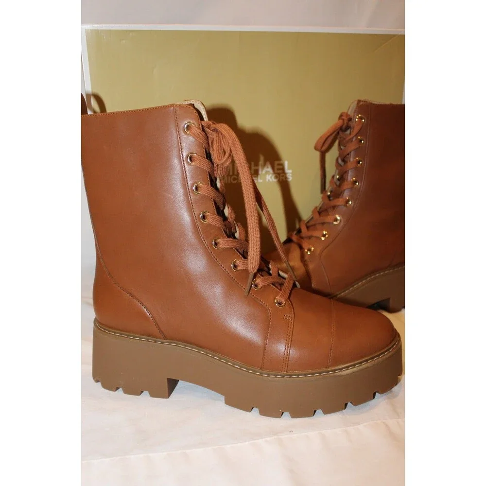MICHAEL Michael Kors Blake Leather Combat‎ Boots LUGGAGE BROWN 9.5 NIB